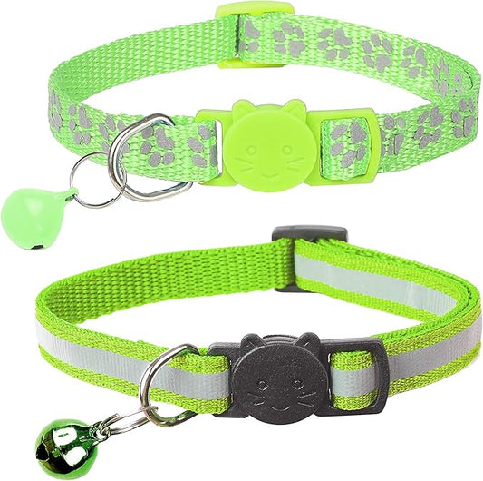 BANMODER 2 Pack Reflective Cat Collar Breakaway with Bell,Personalized Kitten Collars,Adjustable Safety Buckle Collar for Male Cats Girls & Boys (Light Green)
