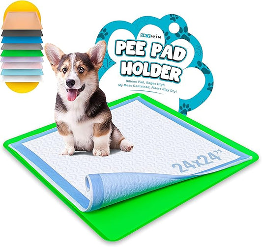 TidyFriend Dog Pee Pad Holder Tray Fits for 24” x 24” Wee Wee Pee Pads - Stable Grip, Raised Edges, Quick-Wipe Silicone Surface Dog Potty Tray Holder for Indoor Flooring Protection (Green)