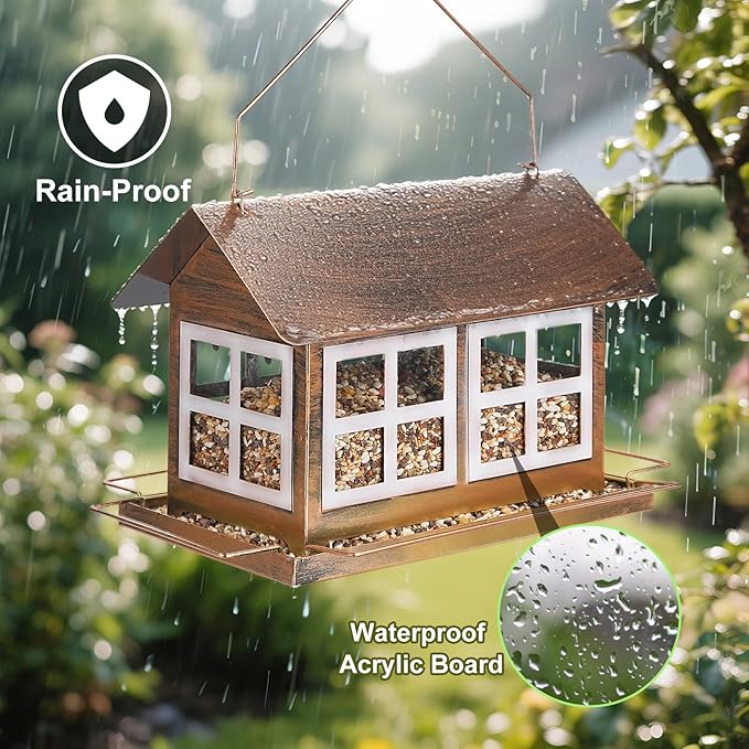 Bird Feeders, Heavy Duty Metal Bird Feeder for Outdoors Hanging, Weatherproof Large Capacity Wild Birdfeeder for Outside Garden Yard, Country House Shape (Double Window)