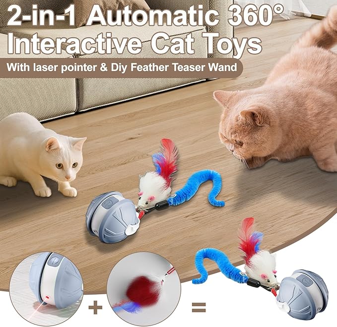 Interactive Cat Toy Ball - 2-in-1 Indoor Cat Toy with Feather Attachment and Laser Interactive Cats Balls, Moving Electric Rolling Ball Toys Designed for Bored Kittens and Adult Cats