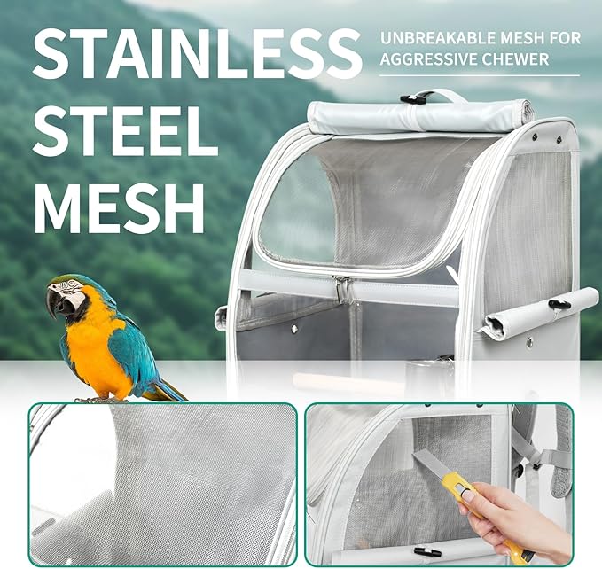 Bird Carrier Bag, Bird Travel Cage with Standing Perch and Indestructible Stainless Steel Mesh, Protable Transparent Breathable Carrier with Feeder Cups for Small Birds Parrot Parakeet, Grey