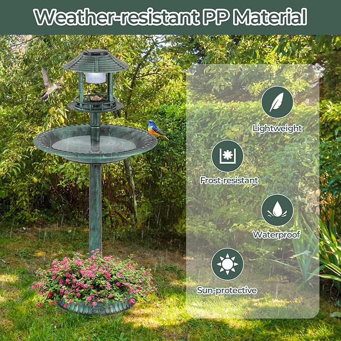 LDAILY Outdoor Bird Bath, 42'' Solar Lighted Pedestal Birdbath with Bird Feeder, 20'' Water Bowl, Flower Planters and 3 Stakes, Attract Birds, Antique Finish