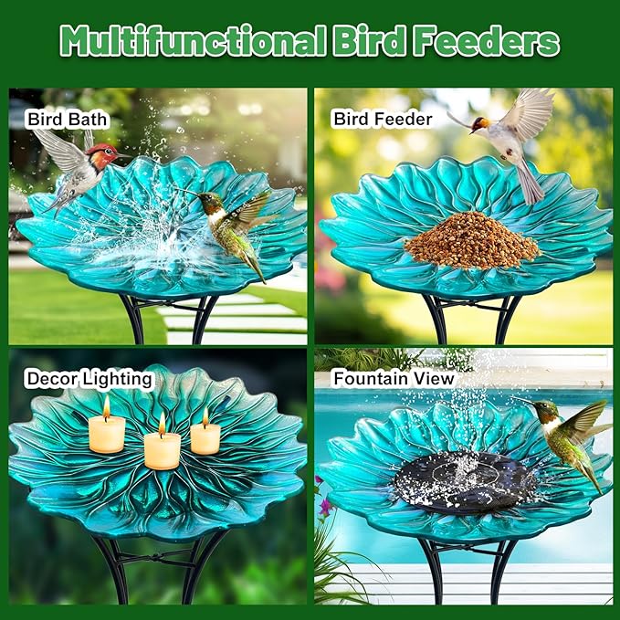 HONGLAND Bird Bath for Outside-Bird Baths for Outdoors-Glass Large Birdbaths Bowl with Metal Stand for Garden Patio Lawn Decor - Green