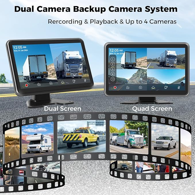 HD1080P Wired Backup Camera System with Apple Carplay & Android Auto,10'' Touch Screen Monitor, 2 Rearview Reverse Cameras, Night Vision, IP68-rated Backup Camera for Trucks, RVs, Trailers