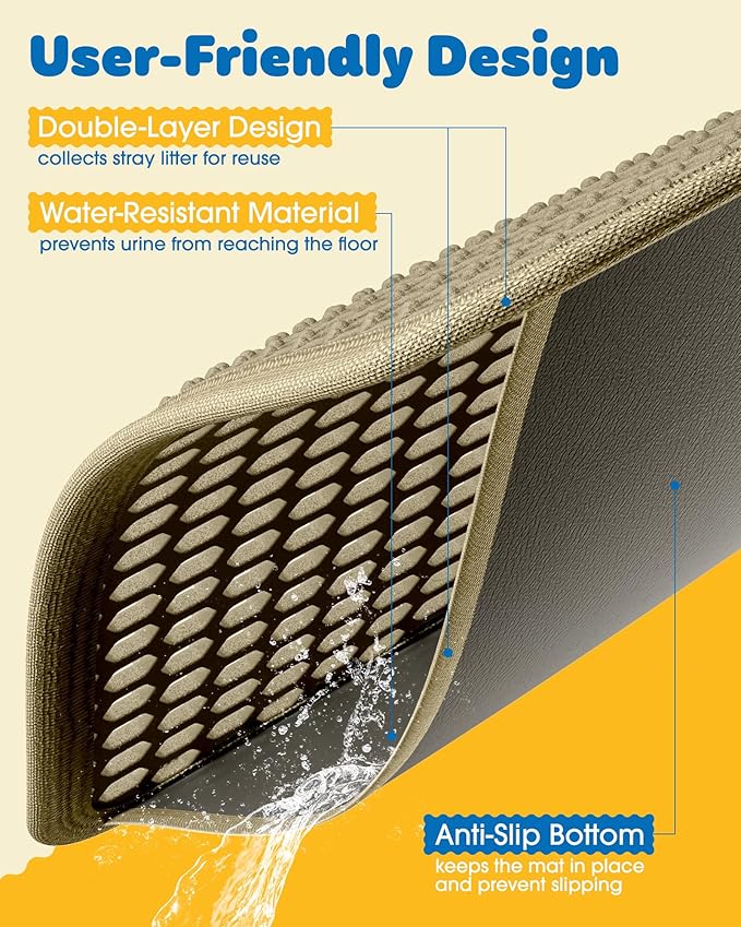 Cat Litter Mat - 23.2'' x 29.1'' Large Litter Trapping Mat, Easy to Clean Litter Box Mat, Waterproof, Urine-Proof, Non-Slip Kitty Litter Mats for Floor, Beige