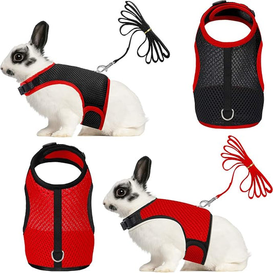 2 Pieces Bunny Rabbit Harness with Leash Cute Adjustable Buckle Breathable Mesh Vest for Kitten Puppy Guinea Pig Small Pets Walking (Black, Red, L)