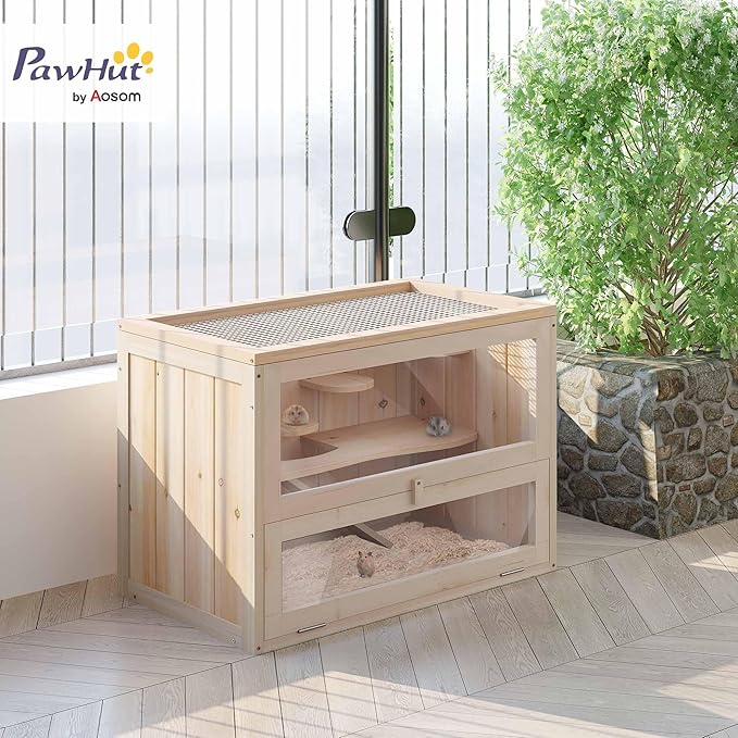 PawHut 2-Level Hamster Cage Mice and Rat House, Small Animal Habitat for Chinchillas with Openable Top, Front Door, Shelf and Ladder, Natural