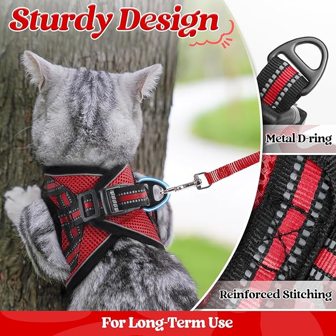 rabbitgoo Cat Harness and Leash Set for Walking Escape Proof, Adjustable Soft Kittens Vest with Reflective Strip for Cats, Comfortable Outdoor Vest, Red, L