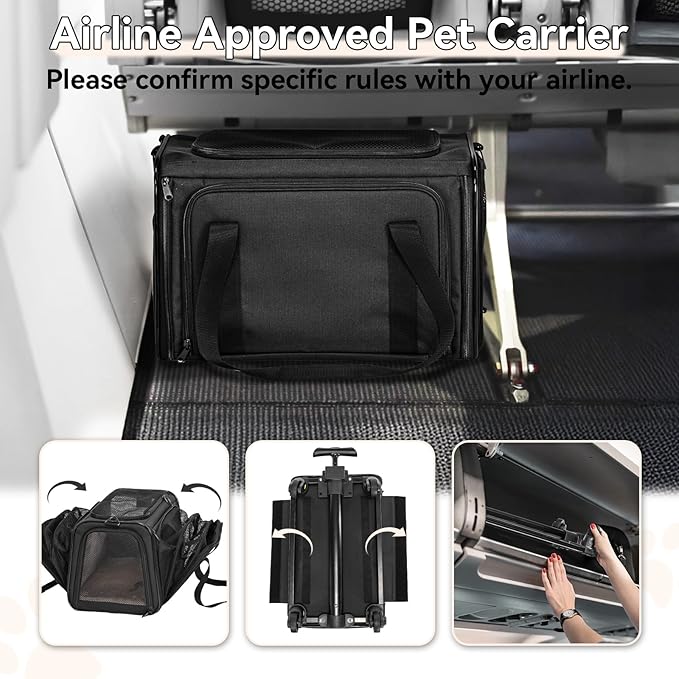 A4Pet Airline-Checked Pet Carrier with Wheels(Removable) & Retractable Handle - Soft Cat Carrier, Small Dog Carrier, Fits Under Airline Seats, 15lb Capacity, Pet Carrier for Cats/Small Dogs