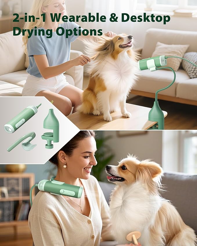 L&W BROS. 2-in-1 Pet Hair Dryer with Clamp Stand – Wearable & Hands-Free Dog Grooming Dryer, 950W Low Noise Blower with 5 Heat & 3 Speed Settings, for Small to Medium Pets (Green)