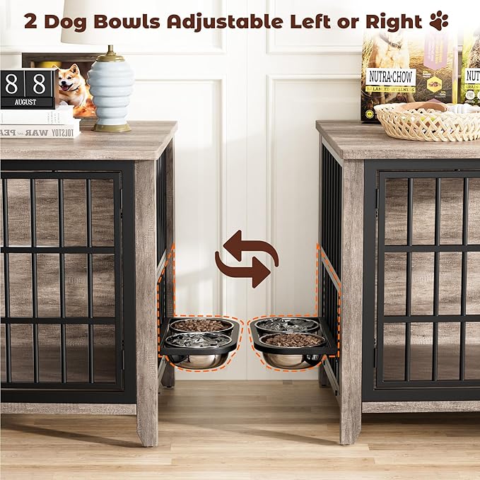 Lulive Large Dog Kennel Indoor with 360°& Adjustable Raised Dog Bowls, Wooden Dog Crate Furniture Double Doors Furniture Dog Crates End Table for Large/Medium Dogs 37.8" L*23.6" W*27" H, Grey