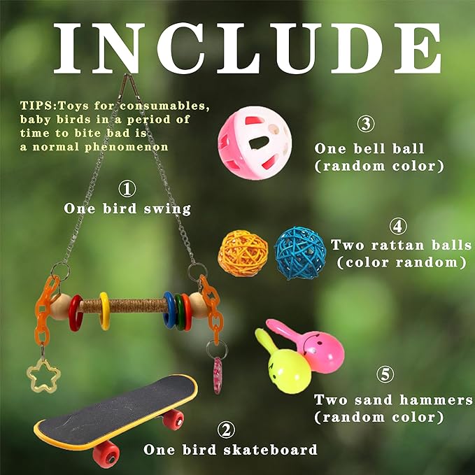 7 Pcs Parrot Bird Swing and perches for cage with Chew Toys Set- Pet Supplies Colorful Wooden Toys with Acrylic Décor Swing Hanging Birdcage Stands Playground for Lovebirds Conures Budgies.