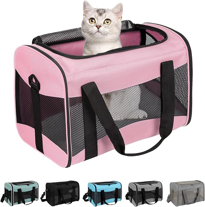 Cat Carrying Case - Pet Carrier Airline Approved, Protable and Breathable Pet Travel Carrier Removable Fleece Pad, Collapsible Cat Carrier Dog Carrier for Medium Cats Small Cats Dogs (Medium, Pink)