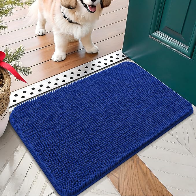 OLANLY Dog Door Mat for Muddy Paws 24x16, Absorbs Moisture and Dirt, Absorbent Non-Slip Washable Doormat, Quick Dry Chenille Mud Mat for Dogs, Entry Indoor Entryway Carpet for Inside Floor, Royal Blue