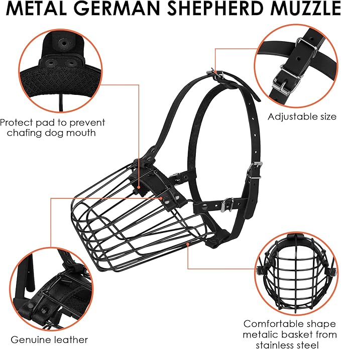 German Shepherd Dog Muzzle Metal Basket for Medium Large Dogs Adjustable Durable Leather Straps Secure Wire Mask for Biting Chewing Barking (Black, L - Size)