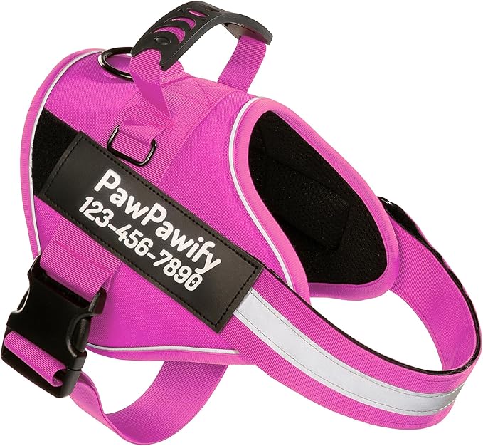 PawPawify Custom No Pull Dog Harness with Name and Phone Number, Heavy Duty Personalized Pet Vest to Prevent Tugging, Pulling, or Choking, Training and Walking (New Pink, L (Chest 23-30in))