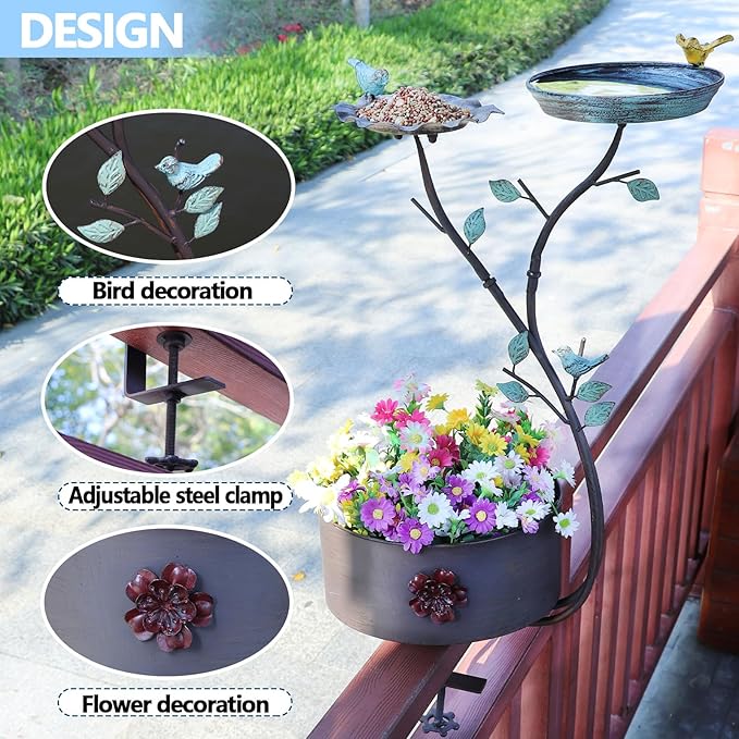 Deck Bird Bath, Bird Bath and Bird Feeder, Flower Planting Pedestal, Deck Mounted Bird Bath, for Garden Balcony Patio Deck Railing Decoration