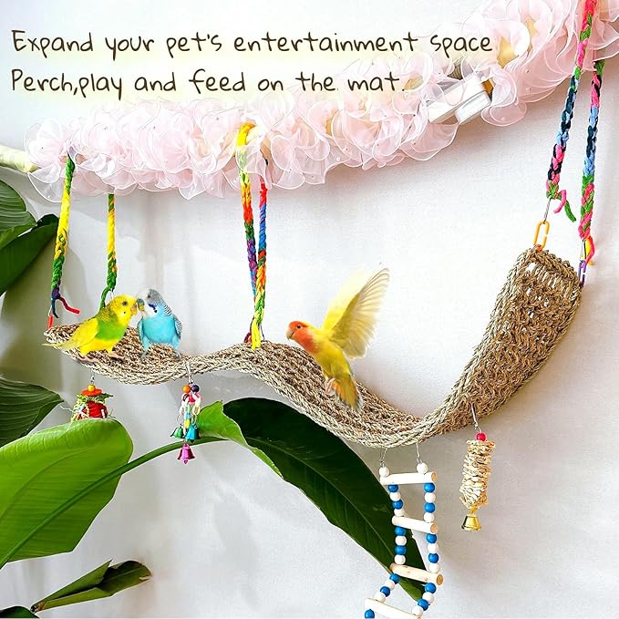 Bird Seagrass Mat 39.4×7" Natural Grass Woven Net Hammock Hanging on Parrot Cage with Hooks Parakeet Climbing Rope Ladder Chew Toys for Lovebird Cockatiel Conure Budgie Cockatoo Supplies