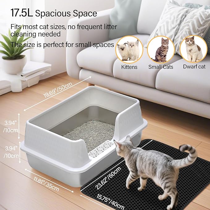 Medium Low Entry Enclosed Stainless Steel Cat Litter Box with lid Scoop and Pads Easy Clean Kitten Kitty White Metal Litter Box