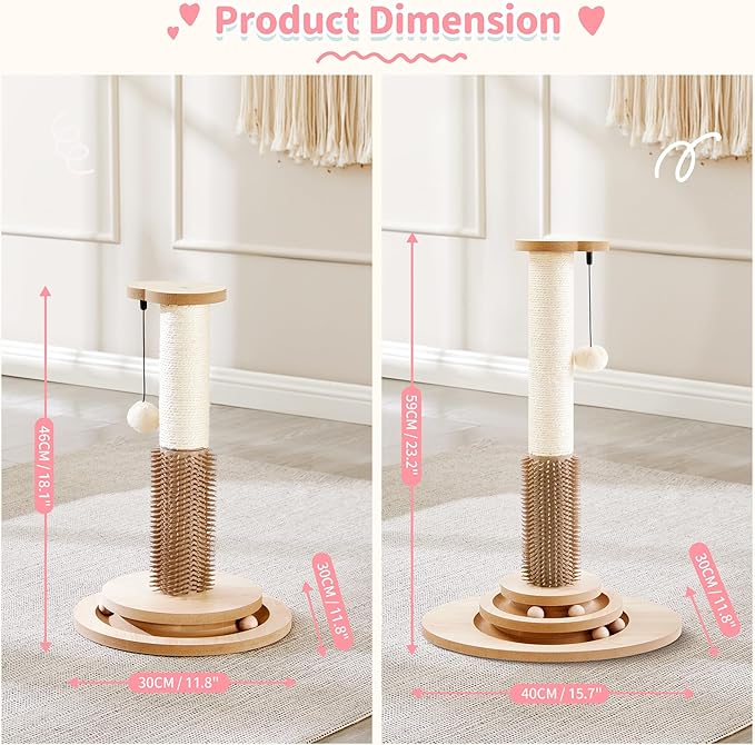 Made4Pets Cat Scratching Post, 23" Tall Sisal Cat Scratcher Post with Self Groomer, 4-in-1 Interactive Trackball Toys with Hair Brush, Vertical Cat Climbing Tree with Dangling Plush Balls