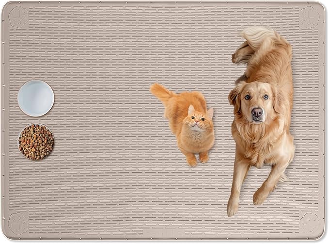 Cat Food Mat, 50" x 35" Extra Large Silicone Pet Feeding Mat with Raised Edge Pet Placemat for Food and Water Bowl Non-Slip, Easy to Clean, Floor Protection (Khaki)