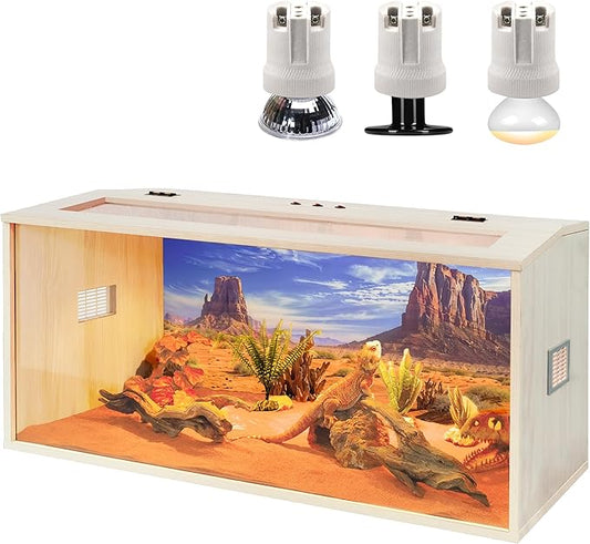 Prolee Reptile Terrarium, Lizard Tank Up to 68 Gallons, Bearded Dragon Tank with Roof Door, Snake Tank with Built-in Lamp Fixture and Switch (62 Gallon, 40" Long, Openable Wood Roof)