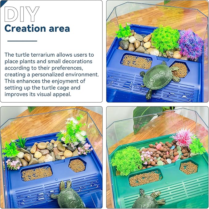 Aquatic Turtle Tank Habitat Kit Stone+Filter+Heat Lamp Enhancing Interaction with 360° Viewing, Standalone Filtration, DIY Creative Zone, Enriched Living (Green, L[Without Light])