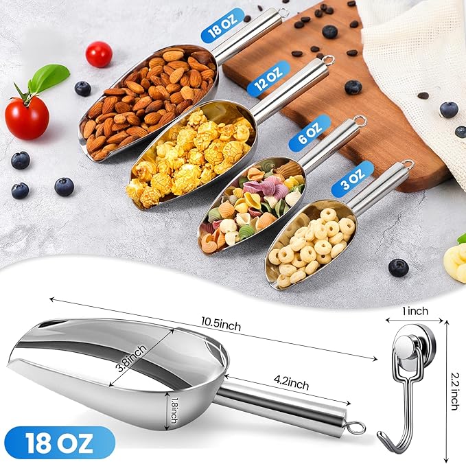 18oz Stainless Steel Ice Scoop for Freezer with Magnetic Hook– Dishwasher Safe Ice Scooper for Ice Machine with Long Handle – Metal Scoop for Ice Bucket, Dog Food, Flour, Canisters