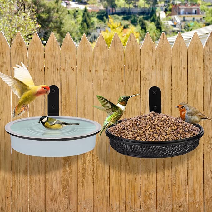 2 Fence Bird Feeder Trays - Outdoor Tree Mounted Wild Bird Bath, 7” in Diameter Feeders with Heavy-Duty Iron Rings, Installed on Wooden Fences, Trees, Decks, Indoor and Outdoor Walls