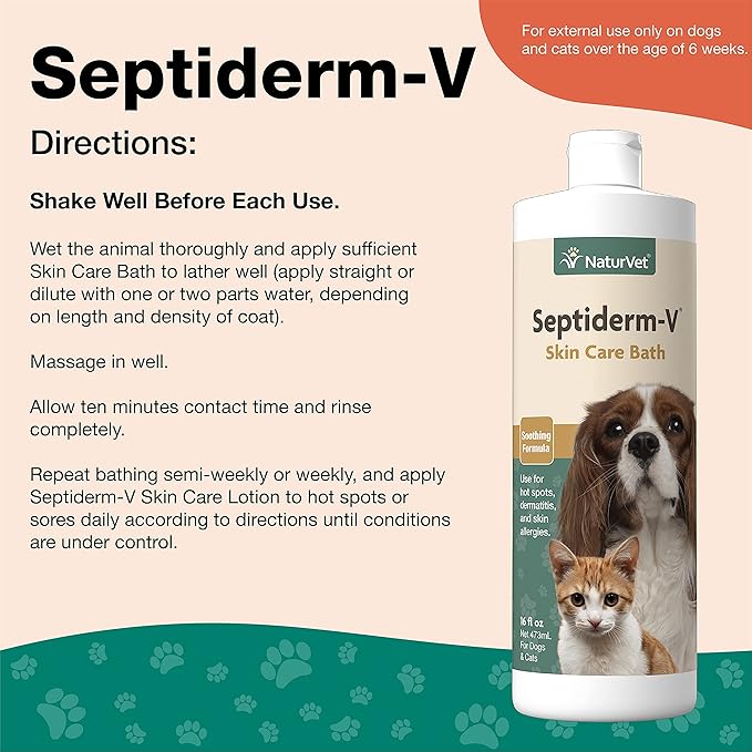 NaturVet Septiderm-V Skin Care Bath Wash for Dogs & Cats – Pet Health, Dog Skin, Itching, Hot Spots – Pet Shampoo, Grooming Aid – 16 Oz.
