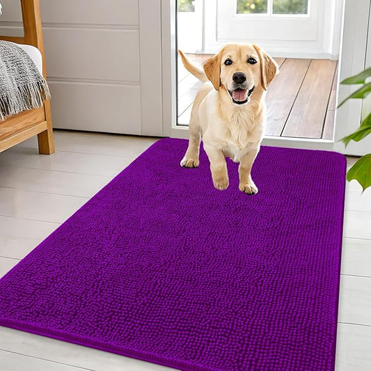 OLANLY Dog Door Mat for Muddy Paws 44x32, Absorbs Moisture and Dirt, Absorbent Non-Slip Washable Doormat, Quick Dry Chenille Mud Mat for Dogs, Entry Indoor Entryway Carpet for Inside Floor, Purple