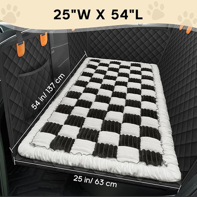 Backseat Pet Bed Mat, Non-Slip Plaid Dog Bed for Car Back Seat, Flannel Backseat Dog Bed, Fit for Backseat Extenders and Trucks SUVs (Black&White, 24.8x54 inch)