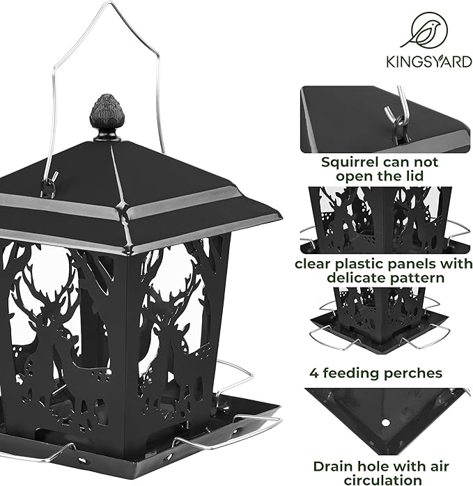 Kingsyard Metal Bird Feeder for Outdoor Hanging - Unique Design Wild Bird Hopper Feeder with 4 Perches and Rainproof Roof, Black