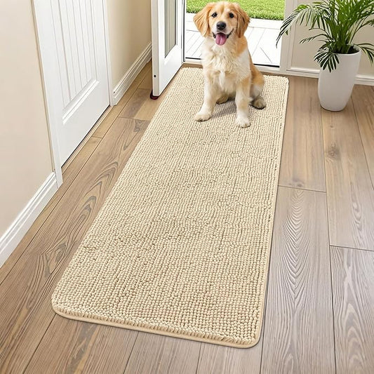 Smiry Dog Door Mat for Muddy Paws 59x20, Absorbs Moisture and Dirt Doormat, Non-Slip Washable Quick Dry Chenille Front Door Mat Indoor Entrance, Entryway Carpet for Inside Floor, Beige