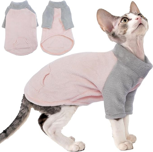 PUMYPOREITY Cozy Cat Sweater with Sleeves, Soft Coral Fleece Cat Clothes, Warm Winter Coat Thick Fleece for Hairless Cats, M, Pink