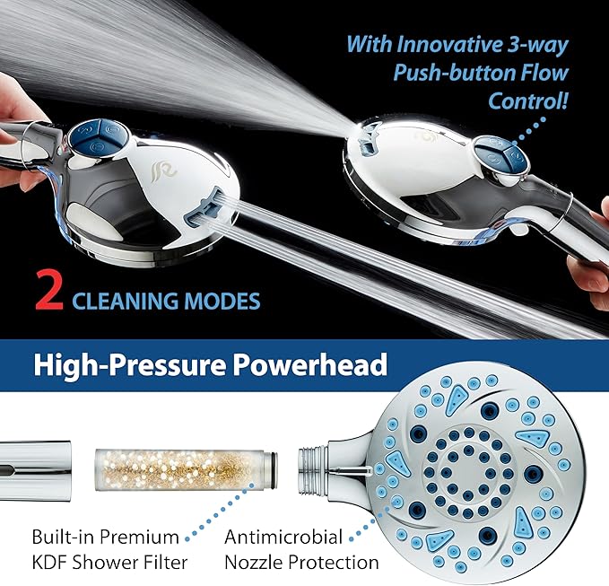 AquaCare High Pressure 10 Spray Mode Filtered Showerhead - Handheld Shower Head Filters Chlorine to Heal Dry Skin, Revive Hair - Dual Power Wash Cleans Tub, Tile, Pets - Hard Water Softener, Chrome