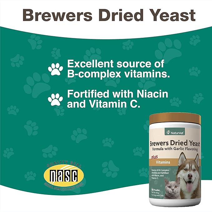 NaturVet Brewers Dried Yeast Formula with Garlic Flavoring Plus Vitamins for Dogs and Cats, Powder, Made in The USA with Globally Source Ingredients 1 Pound