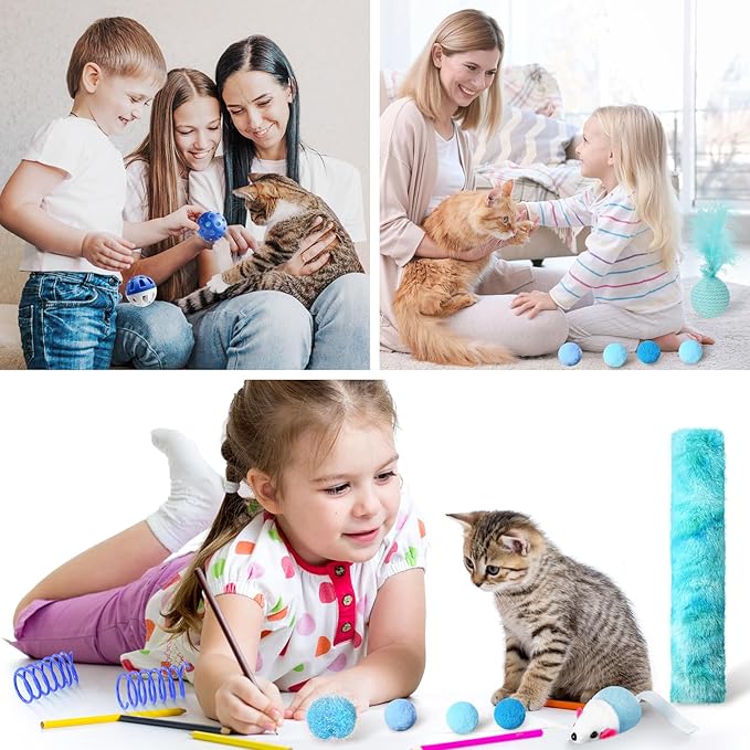 24 Pcs Cat Toys Set Interactive Kitten Toys Pack Including Collapsible Play Tunnel Feather Teaser Wand Fuzzy Ball Springs Pillow Mouse Bells for Indoor Cats Puppy (Blue)