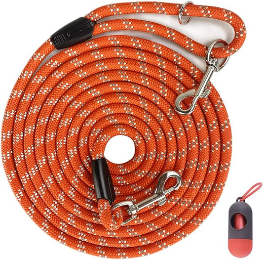 Long Rope Dog Leash for Dog Training 12FT 20FT 30FT 50FT, Reflective Threads Dog Cat Leashes Tie-Out Check Cord Recall Training Agility Lead for Large Medium Small Dogs (Orange, 10mm*20ft)