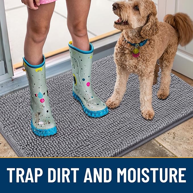 Smiry Dog Door Mat for Muddy Paws 59x32, Absorbs Moisture and Dirt Doormat, Non-Slip Washable Quick Dry Chenille Front Door Mat Indoor Entrance, Entryway Carpet for Inside Floor, Grey