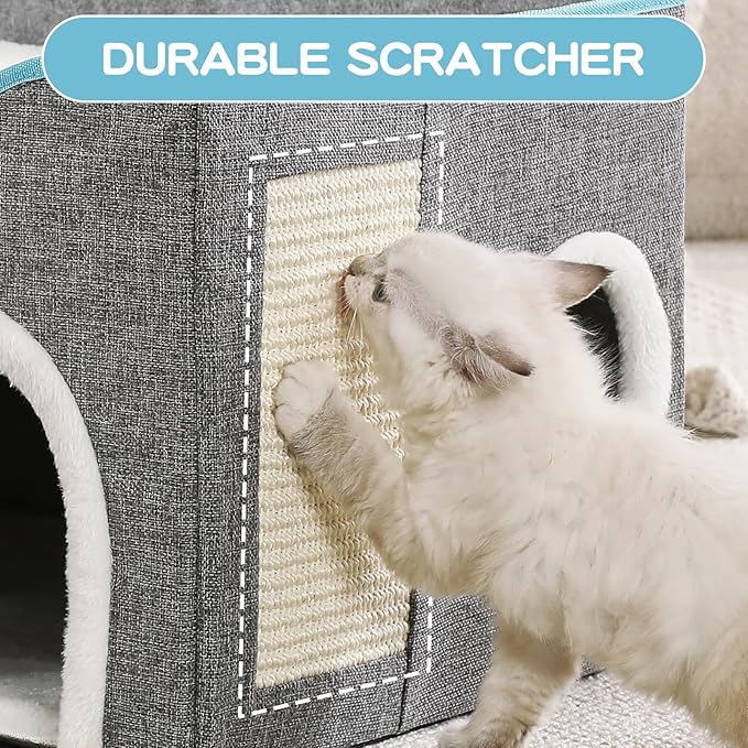 Large Cat Bed for Indoor Cats, Extra Wide Cat Cave House with Scratch Pad and Fluffy Ball, Foldable Cat Hideaway for Kitten Bed, Cat Condo for Cats (Grey, X-Large)