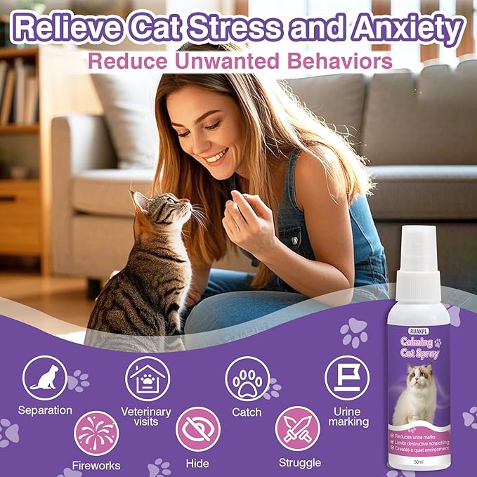 Cat Calming Spray 60 ML 2 Pack Calming Solution for Cats Cat Pheromone Spray Reduces Stress Anxiety Scratching Calming Spray for Cats Good for Home Travel Cat Pheromones Calming Spray
