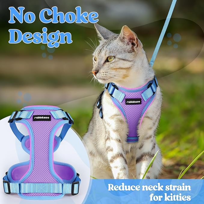rabbitgoo Cat Harness and Leash Set, Escape Proof Soft Adjustable Vest Harnesses for Outdoor Walking, Easy Control Breathable Kitten Jacket with Reflective Strips, Purple & Blue, XXS