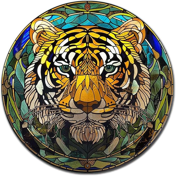 Lygond Metal Sign Tin Sign Circular Stained Glass Tigle Tin Signs Gardening For Pet 8×8 Inches