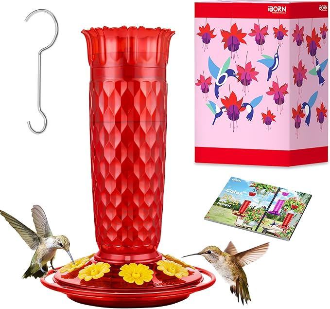 iBorn Hummingbird Feeders for Outdoors 16OZ Bird Feeders for Outdoors Hanging, Hummingbird Feeder with 8 Bee Guard Feeding Ports & Built-in Ant Moat, Silicone Flower, Red Honeycomb Exterior