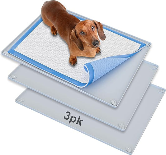 TidyFriend 3 Pk Pee Pad Holder Tray for 30” x 23” Pee Pads with Corner Lock Holes, Raised Edges, Non-Spill, Easy to Clean Silicone Dog Potty Tray Holder, For Indoor Floor Protection (Light Grey)