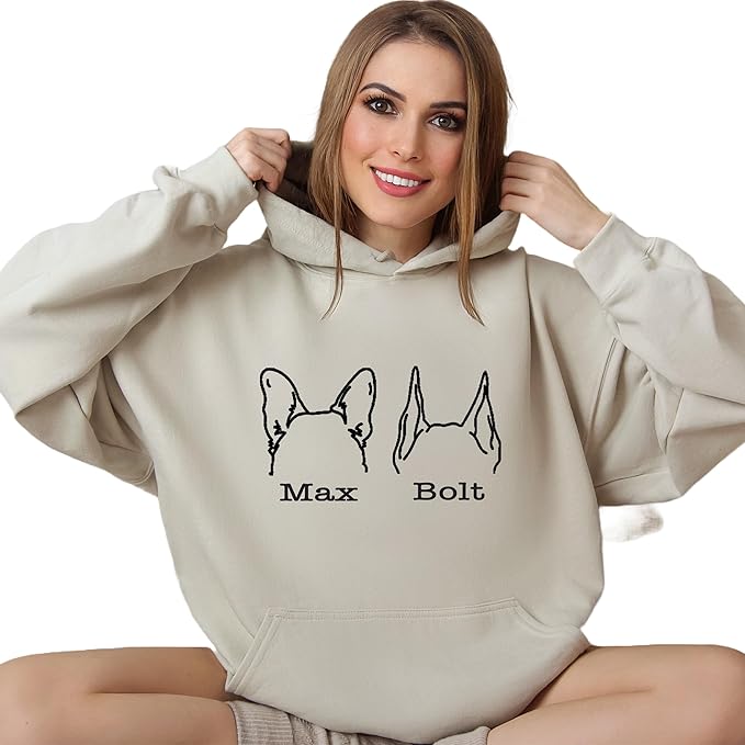 Custom Dog Mom Shirt for Women Pet Ears Sweatshirt with Name Unique Puppy Line Art Cute Dad Hoodie for DogDad Owner Lover