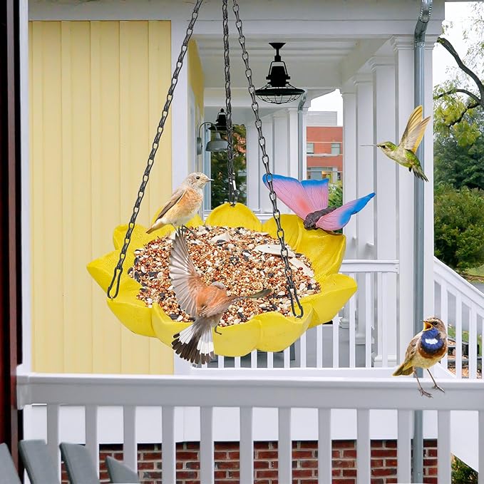 Sunflower Bird Bath for Outside, MeyRolizn Hanging Resin Birdbath with Butterfly Ornament, Garden Ground Bird Feeder Bath Bowl for Outdoor Yard Decor Ywllow(Sunflower)