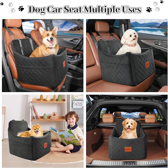 Small Dog Car Seat, Memory Foam Dog Booster Car Seats with Thick Cushion for Medium Dogs Under 35lbs, Detachable Washable Pet Seat with Storage Pockets,2 Safety Belts (Black, Medium)