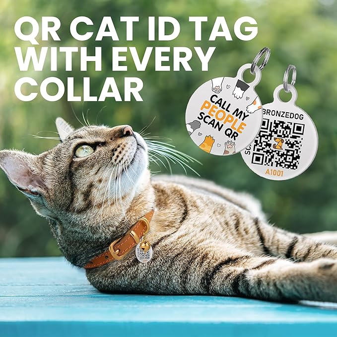 BRONZEDOG Leather Cat Collar with Removable Bells Non Breakaway Kitten QR Tag for Girl Boy (9" - 12" Cats/Mini Dogs, Dark Brown & Gold)